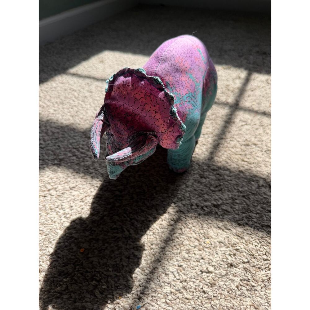 Vintage-Style Colorful Triceratops Plush  - Purple Teal Pink Pattern Fabric